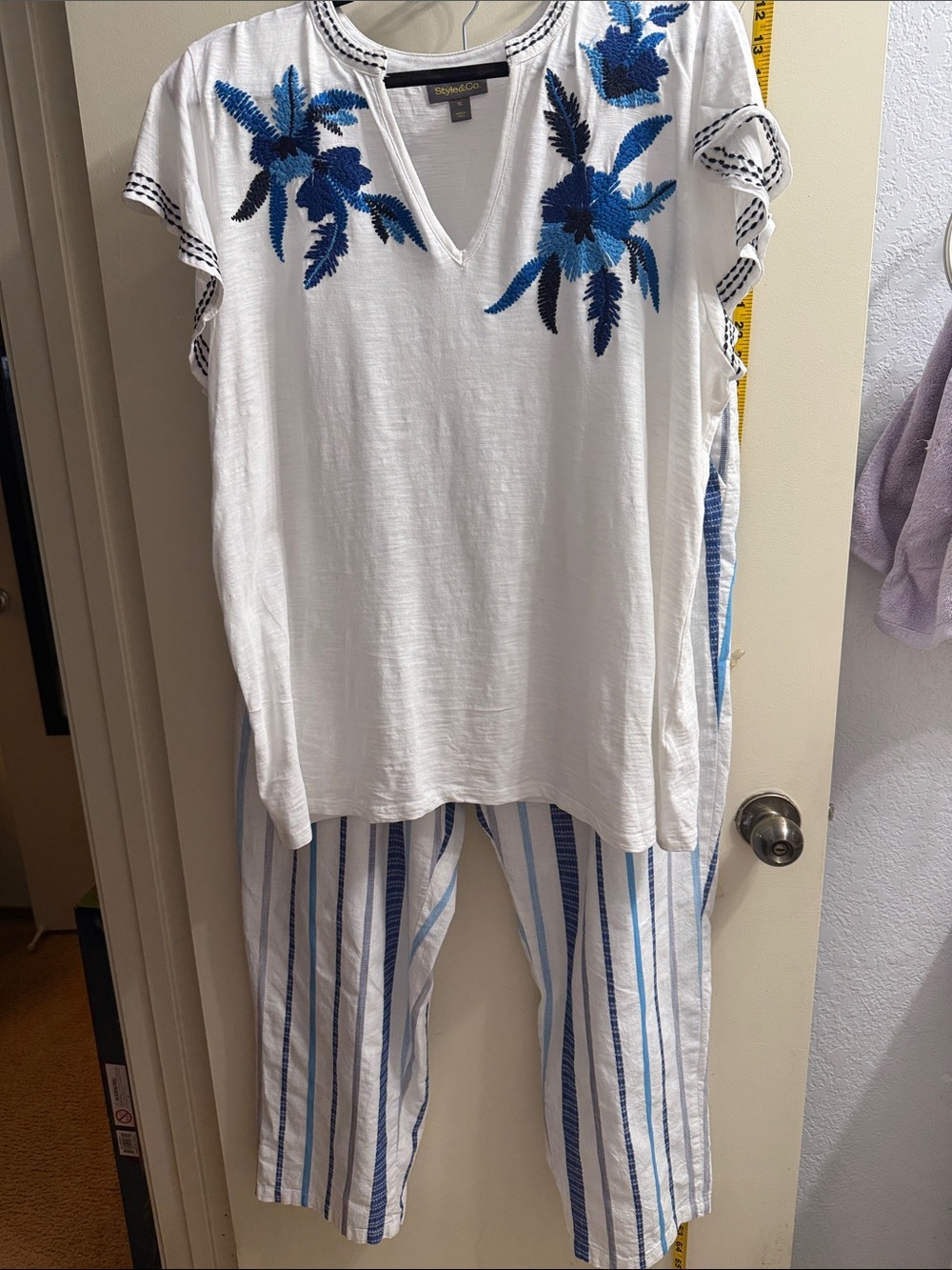 Style & Co. White Top with Blue Floral Embroidery and cotton pants fully lined
